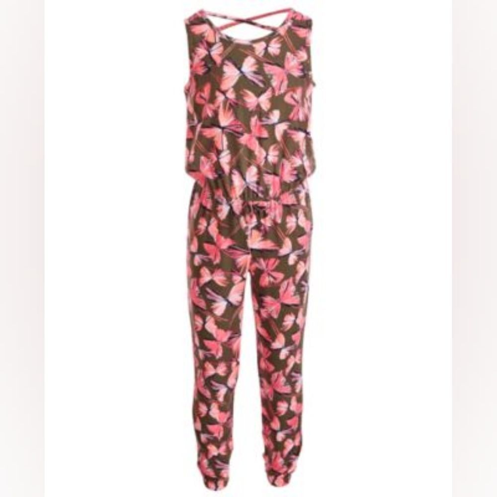 🔺️Epic Threads Coral & Olive Butterfly Sleeveless Jumpsuit Youth Large